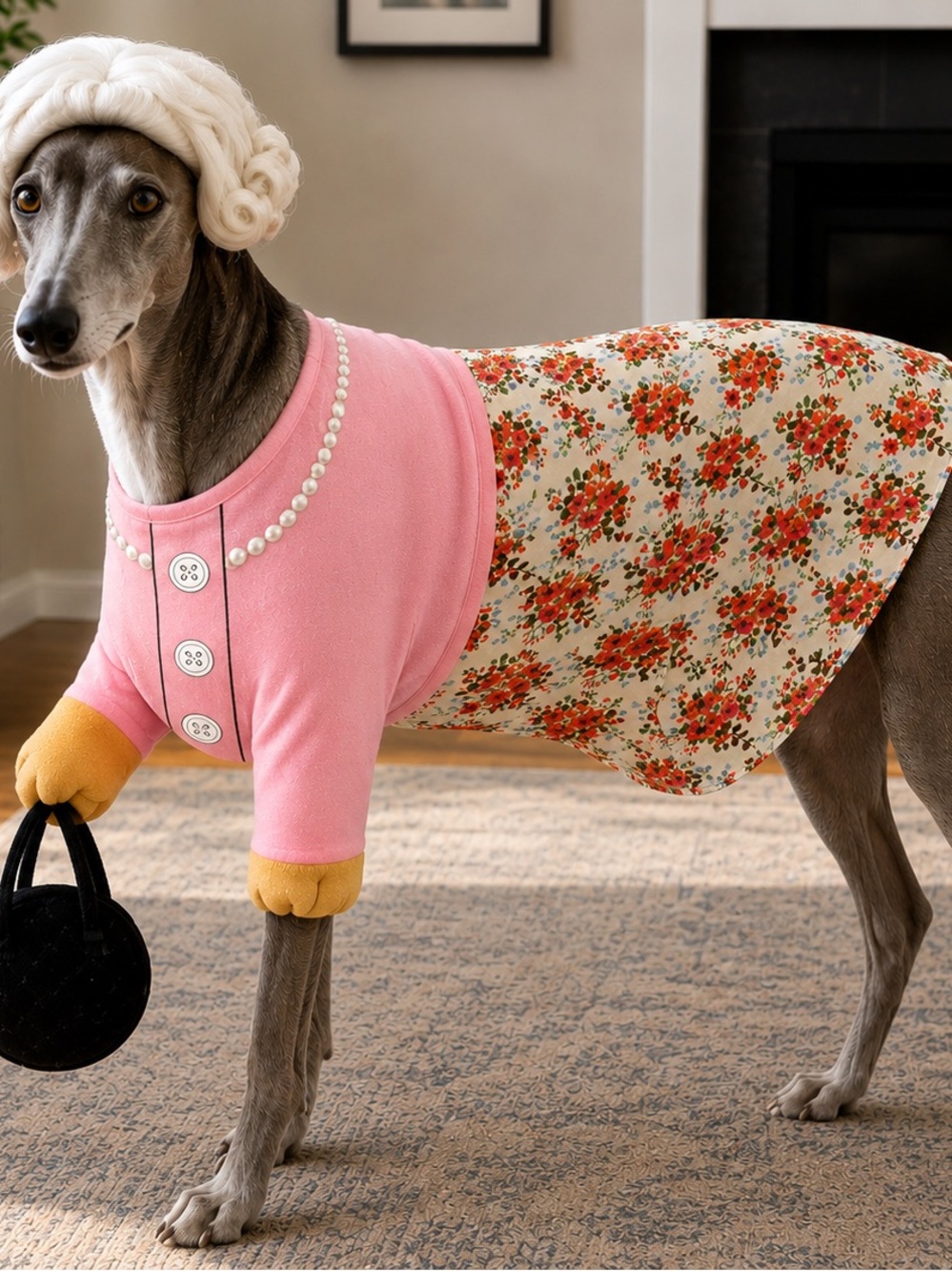 Pink Floral Pet Dress Costume Outfit with Pearl-Print Cardigan includes Wig